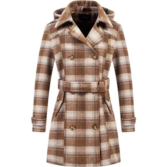 Women's Double Breasted Pea Coat Hooded Long Winter Trench Coat